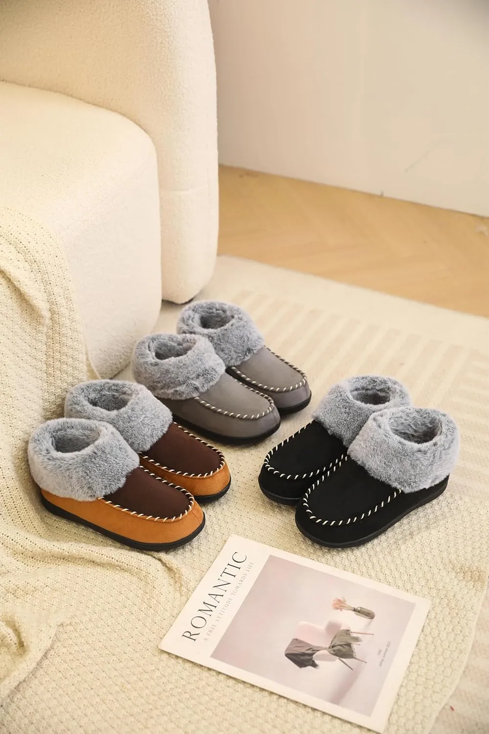 VONMAY Women's Bootie Slippers Suede Moccasin Boots Fuzzy Plush Faux Fur House Shoes Winter Warm Memory Foam Non-slip Indoor Outdoor