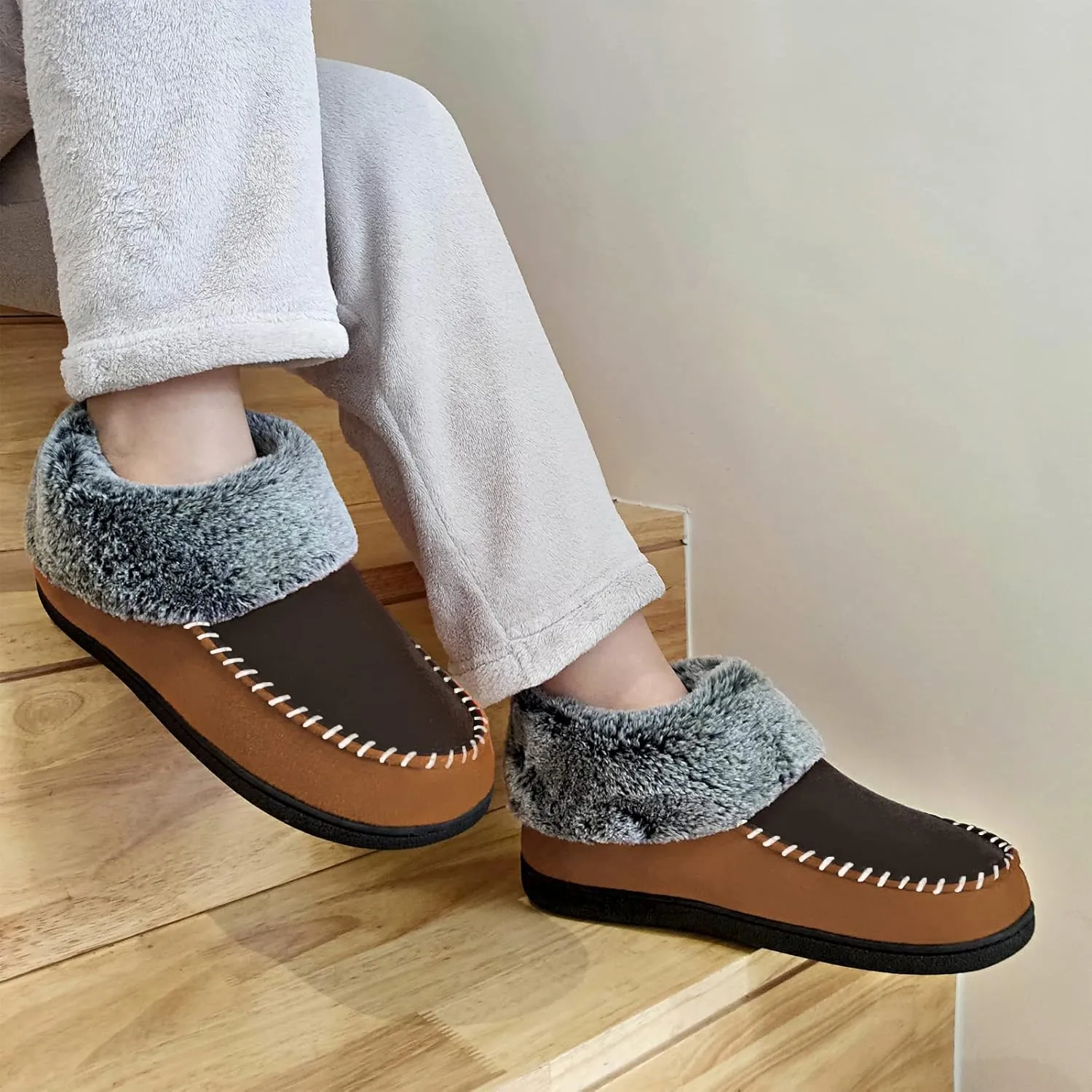 VONMAY Women's Bootie Slippers Suede Moccasin Boots Fuzzy Plush Faux Fur House Shoes Winter Warm Memory Foam Non-slip Indoor Outdoor