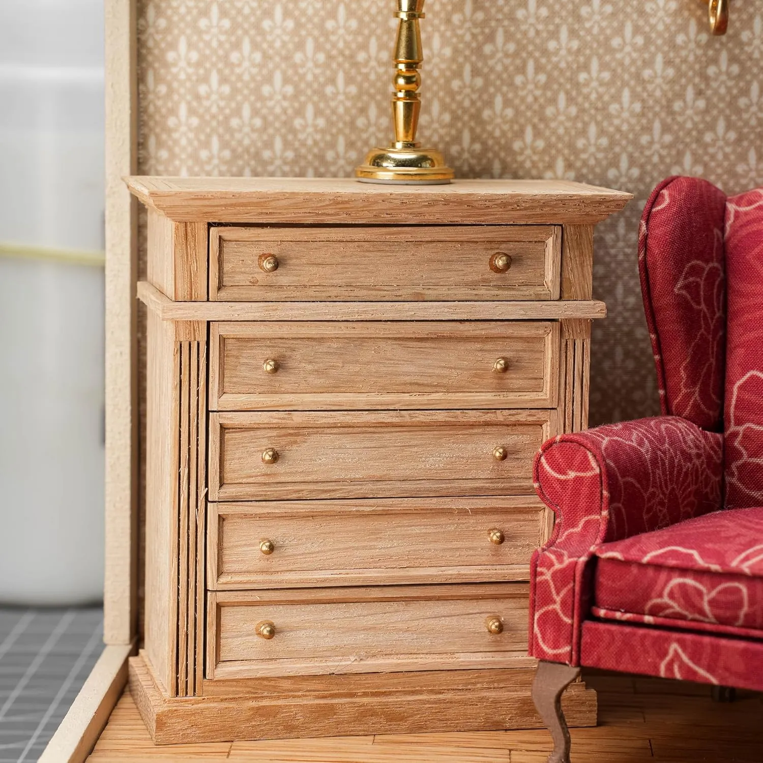 Waldosia 1:12 Scale Dollhouse Miniature Oak Dresser – 5-Drawer Wooden Chest for Bedroom, Roombox, Booknooks and Dioramas Furniture