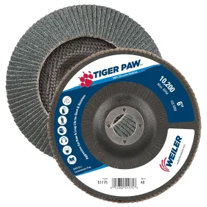 Weiler 51175 6" Tiger Paw Abrasive Flap Disc, Conical (TY29), Phenolic Backing, 40Z, 7/8" Arbor Hole (Pack of 10)