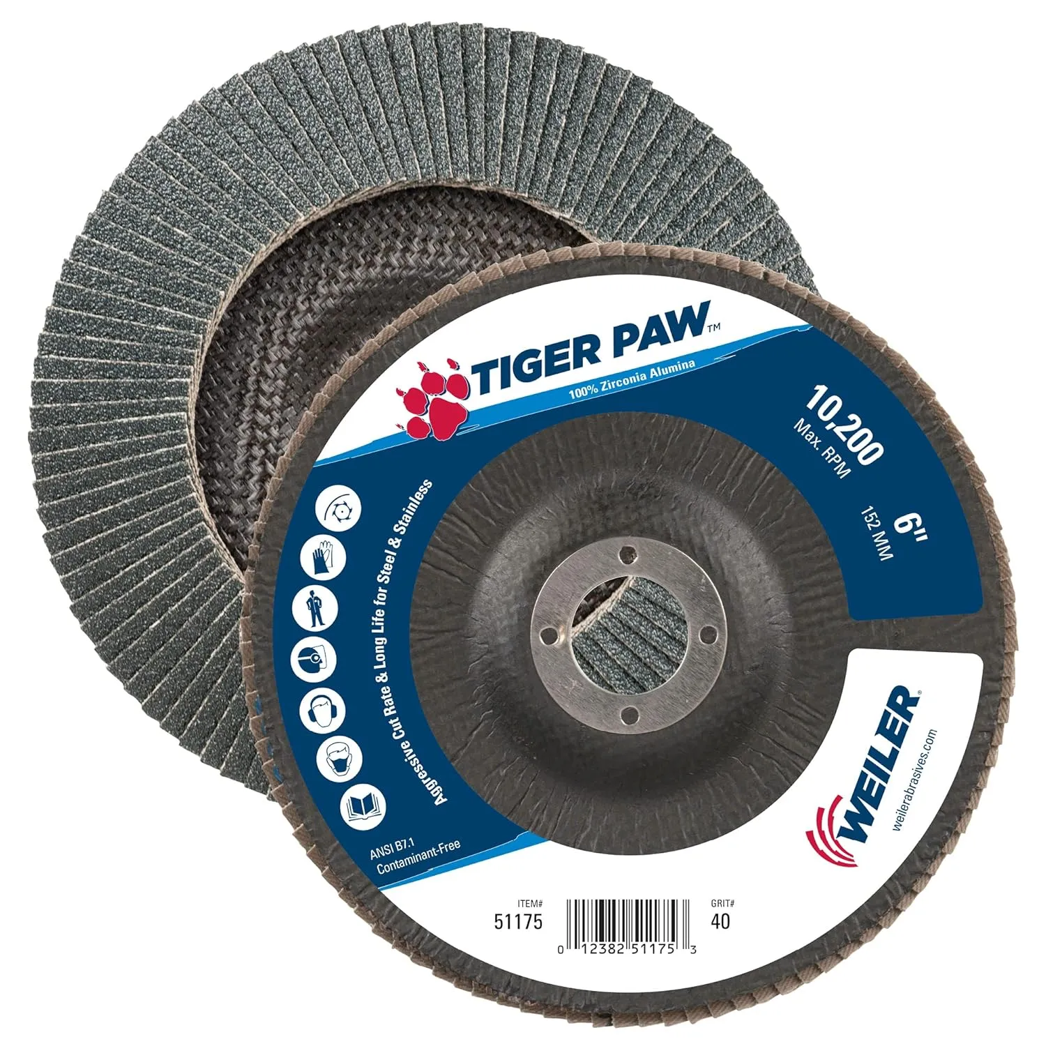 Weiler 51175 6" Tiger Paw Abrasive Flap Disc, Conical (TY29), Phenolic Backing, 40Z, 7/8" Arbor Hole (Pack of 10)