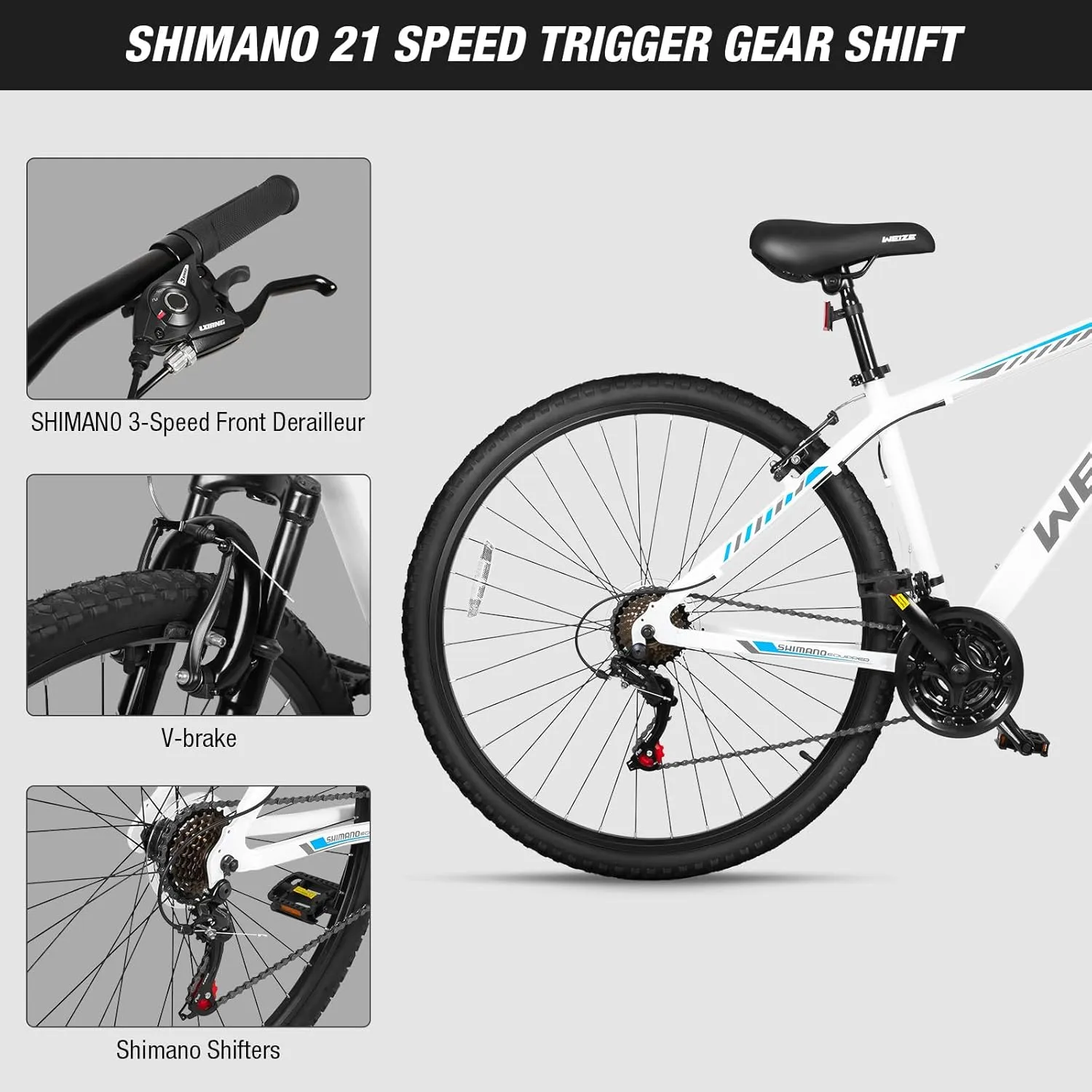 WEIZE Hardtail Mountain Bike, 29 Inch Wheels Outdoor Cycling Bike, 21-Speed Trigger Shifter, Aluminum Frame for Men and Women, Comfort Saddle, MTB Bicycle with Suspension Fork