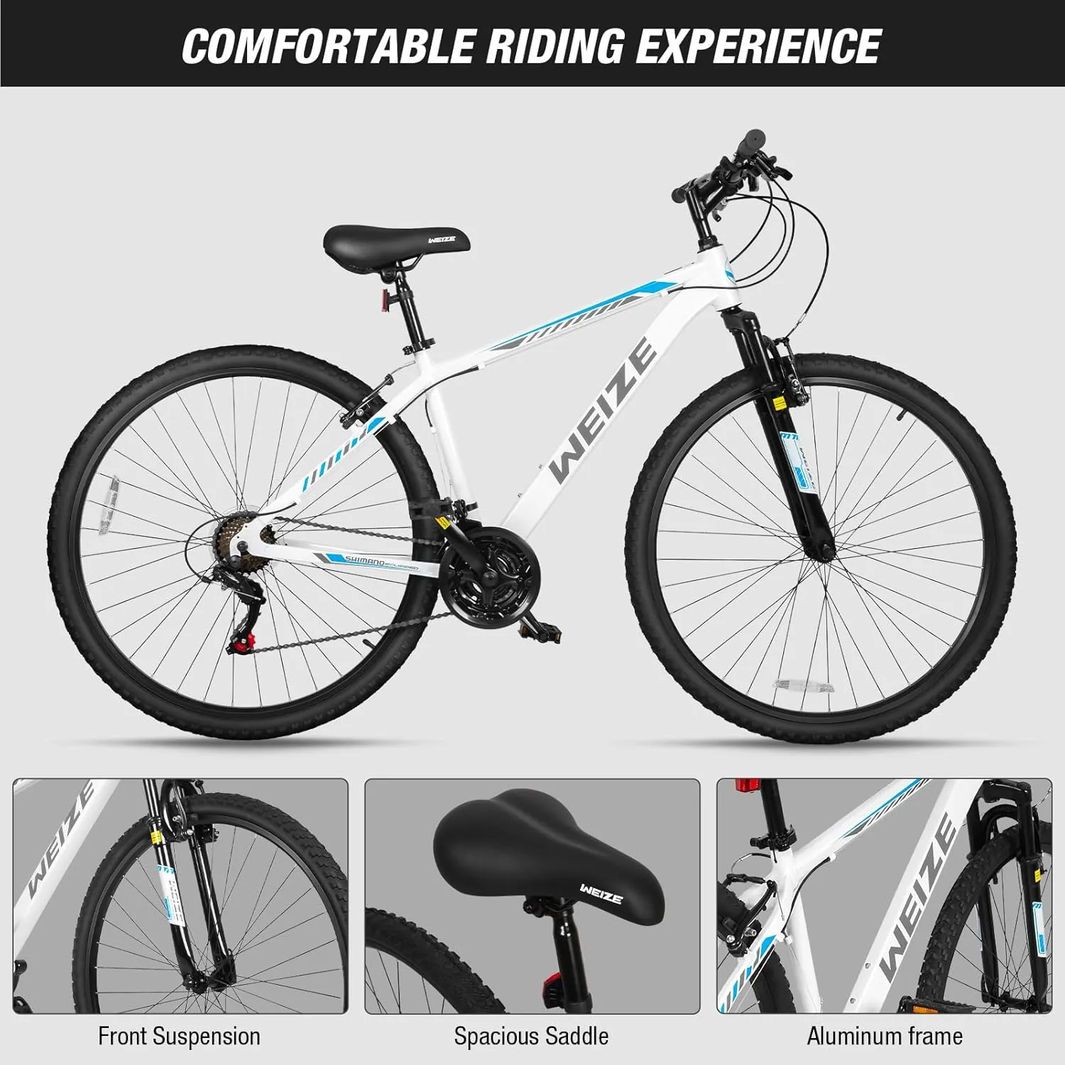 WEIZE Hardtail Mountain Bike, 29 Inch Wheels Outdoor Cycling Bike, 21-Speed Trigger Shifter, Aluminum Frame for Men and Women, Comfort Saddle, MTB Bicycle with Suspension Fork