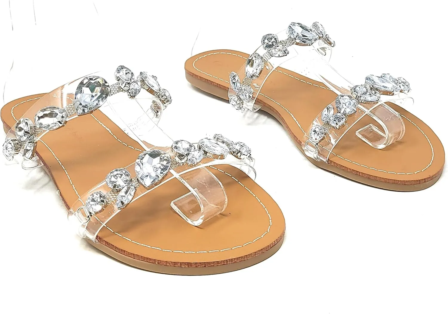 Wild Diva Womens's Rosabel-60 Rhinestone Accent Clear Straps Slip On Jeweled Flat Sandals