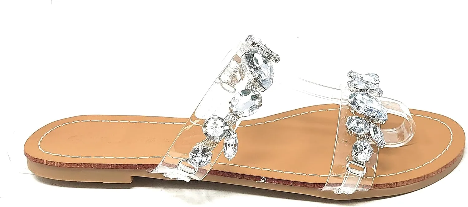 Wild Diva Womens's Rosabel-60 Rhinestone Accent Clear Straps Slip On Jeweled Flat Sandals