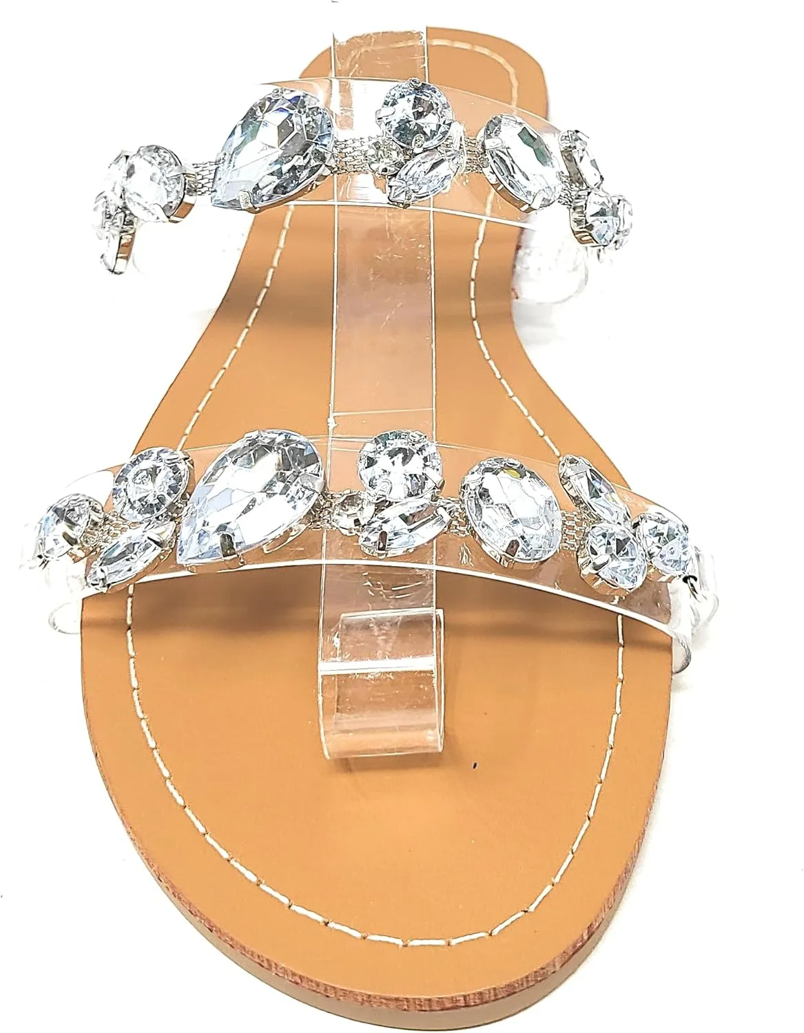 Wild Diva Womens's Rosabel-60 Rhinestone Accent Clear Straps Slip On Jeweled Flat Sandals