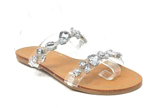 Wild Diva Womens's Rosabel-60 Rhinestone Accent Clear Straps Slip On Jeweled Flat Sandals