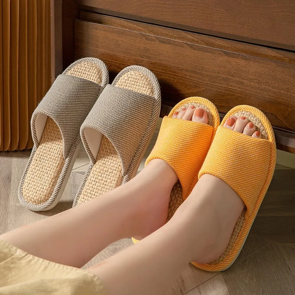 Women And Men House Fabric Slippers Indoor And Outdoor, Non-Slip Memory Foam Open-Toe Home Shoes, Soft Bottom Linen Unisex Washable Cotton Casual