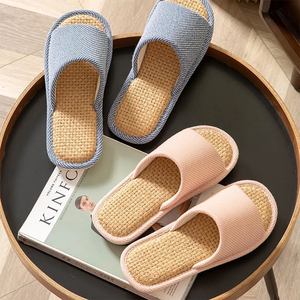 Women And Men House Fabric Slippers Indoor And Outdoor, Non-Slip Memory Foam Open-Toe Home Shoes, Soft Bottom Linen Unisex Washable Cotton Casual