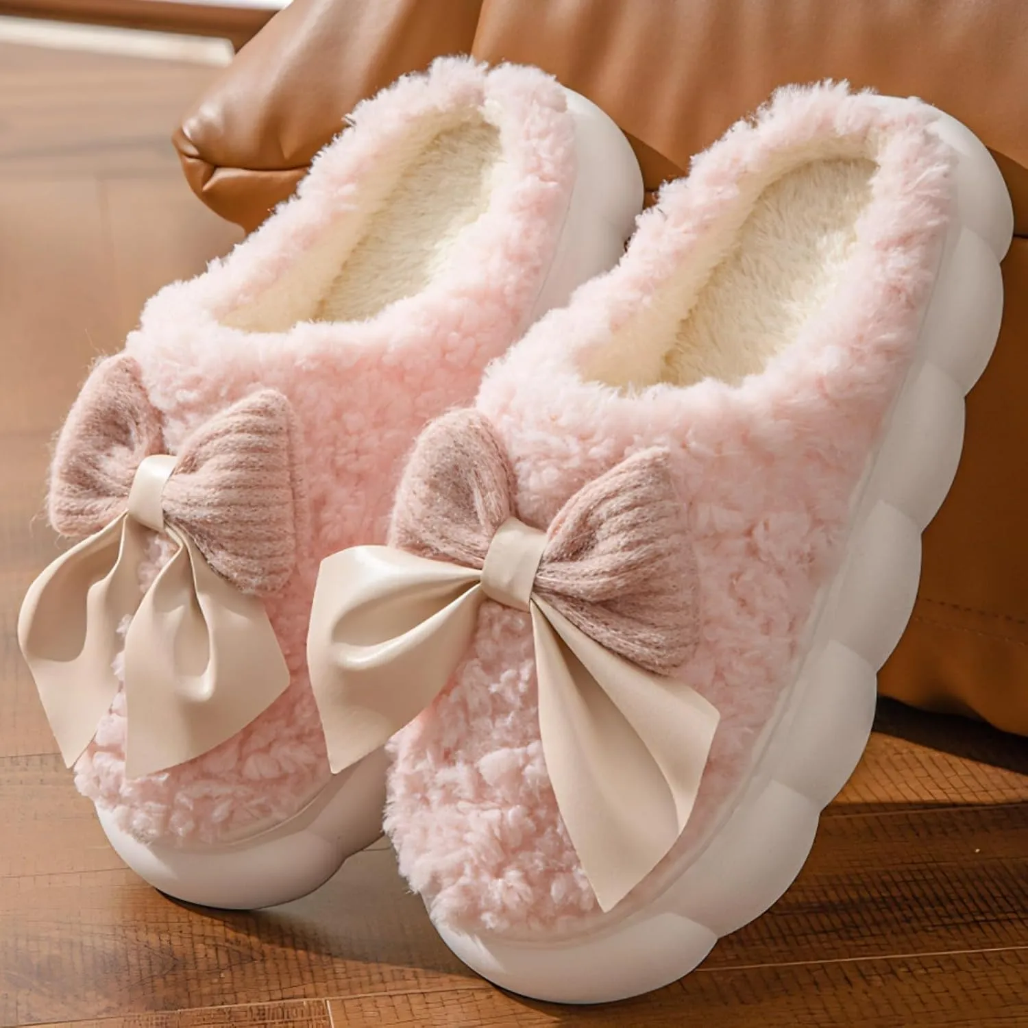 Women Bow Slipper for Home Bedroom Thick Sole Indoor Cute Fuzzy Footwear for Spring/Fall/Winter Holiday Season
