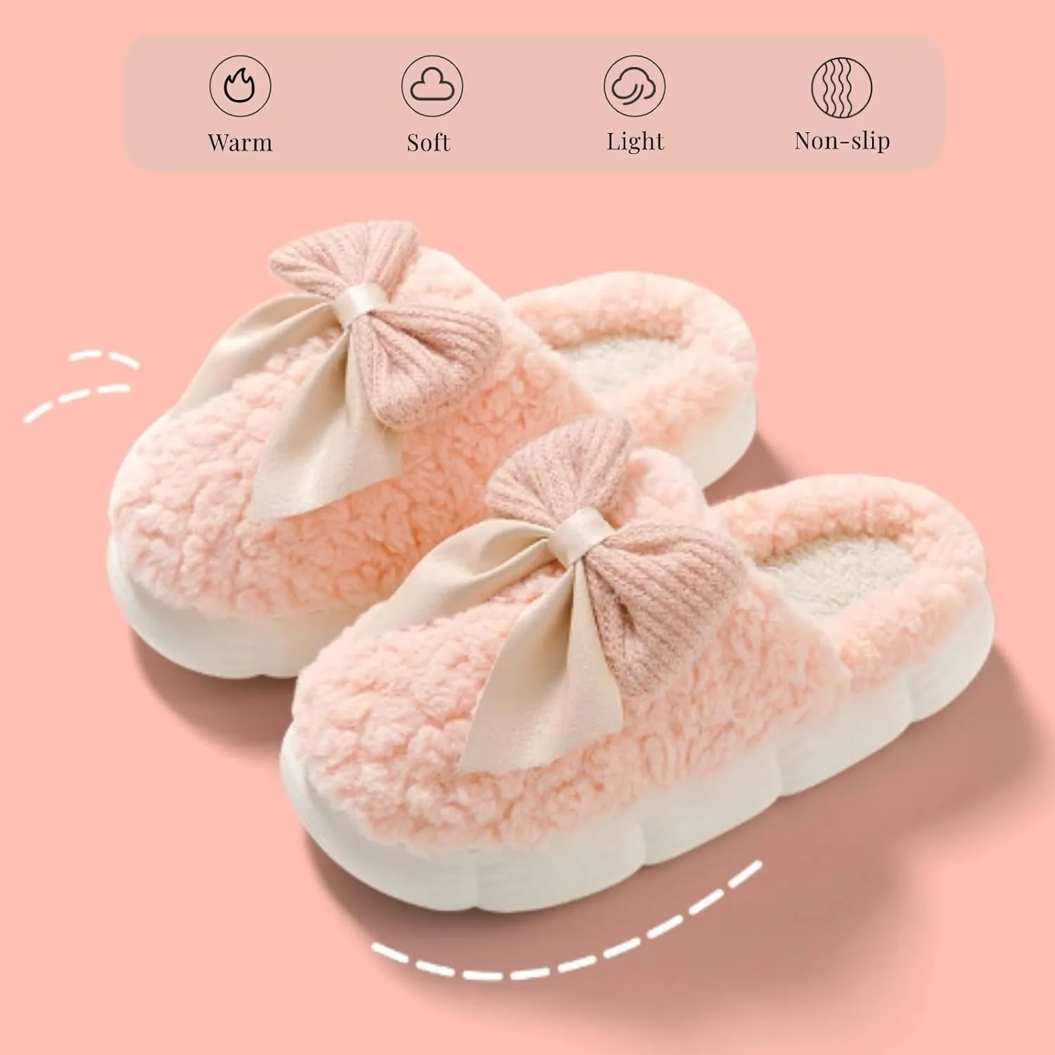 Women Bow Slipper for Home Bedroom Thick Sole Indoor Cute Fuzzy Footwear for Spring/Fall/Winter Holiday Season