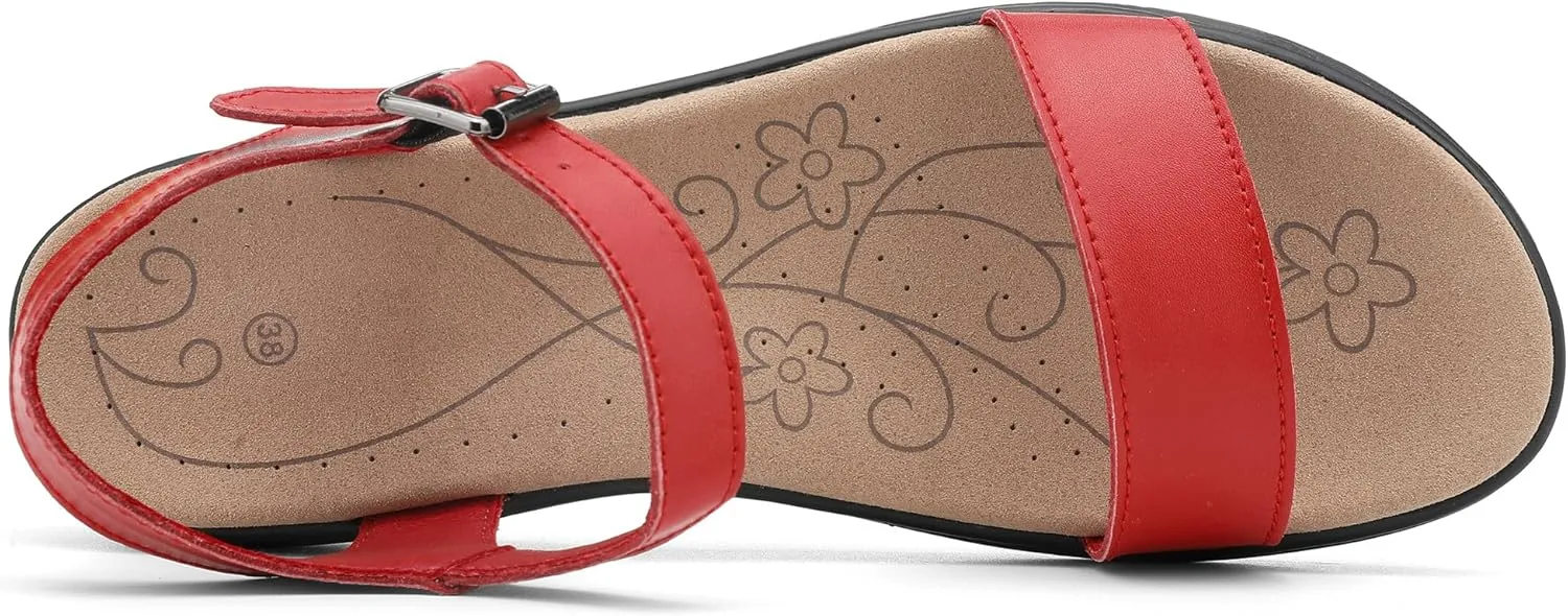 Women's Classic Flat Sandals Leather Open Toes Memory Foam One Band Ankle Strap Adjustable Slip On Shoes