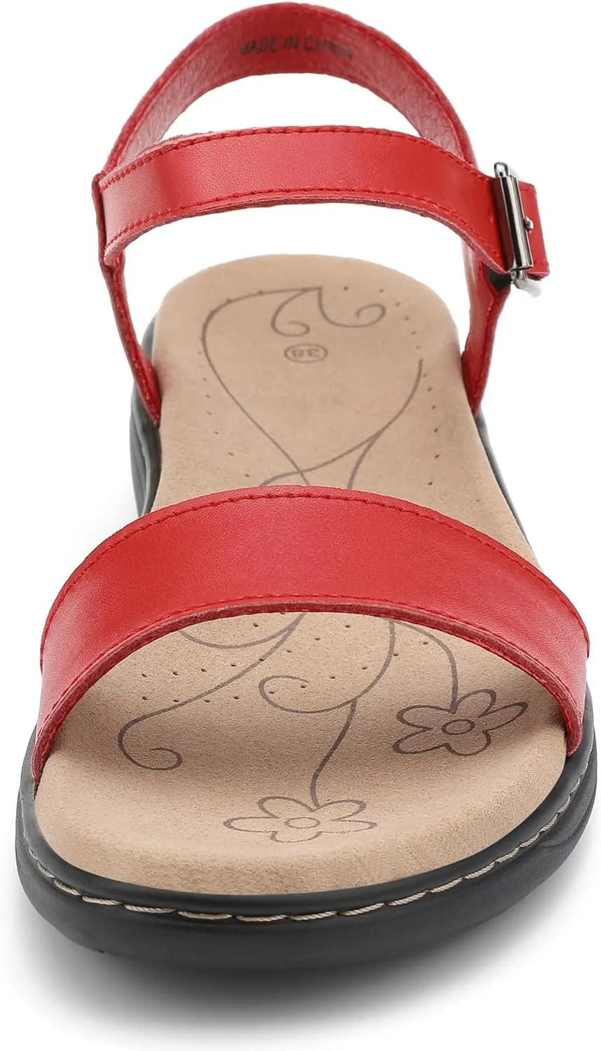 Women's Classic Flat Sandals Leather Open Toes Memory Foam One Band Ankle Strap Adjustable Slip On Shoes