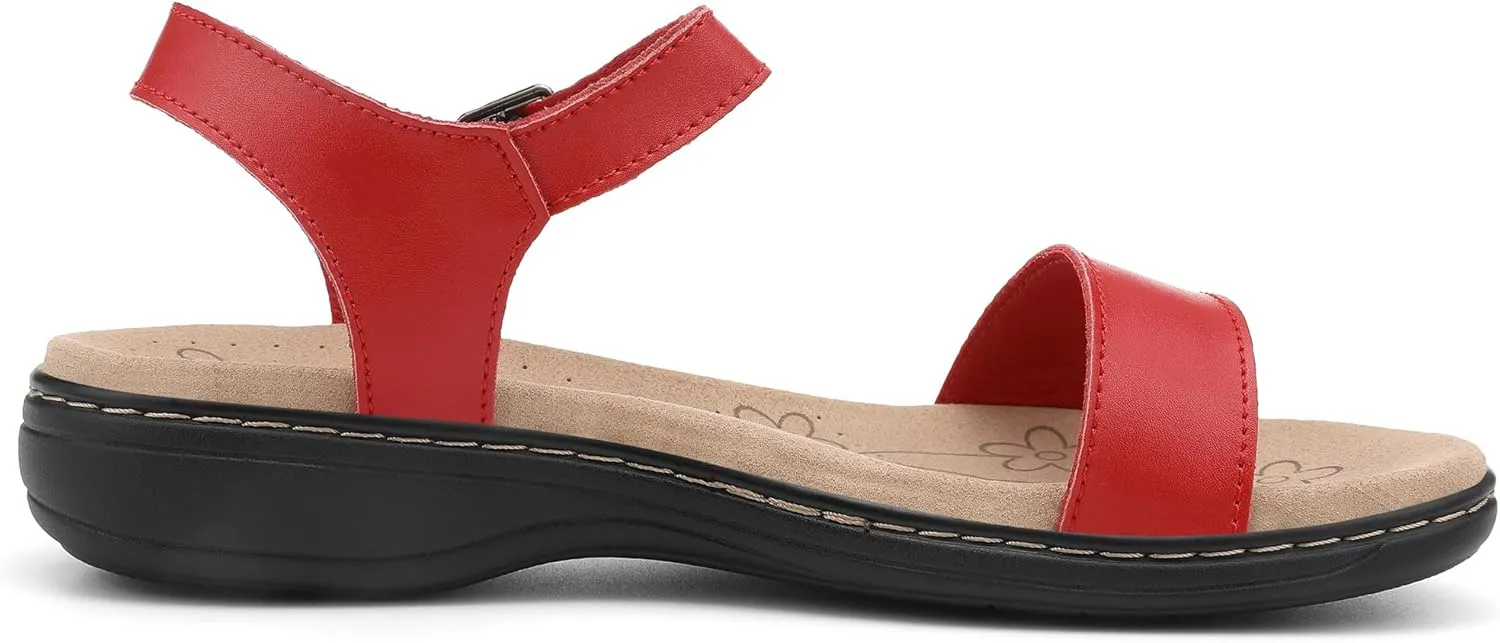 Women's Classic Flat Sandals Leather Open Toes Memory Foam One Band Ankle Strap Adjustable Slip On Shoes
