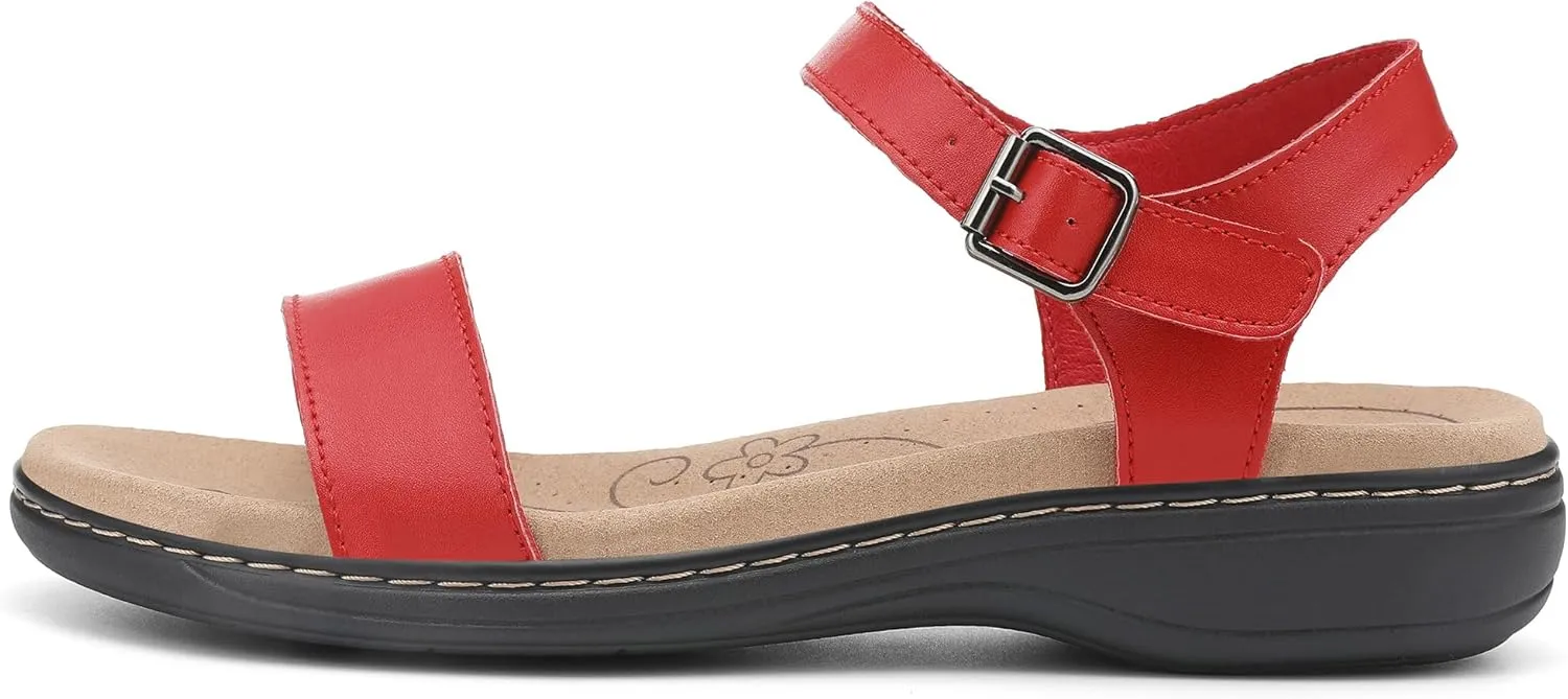 Women's Classic Flat Sandals Leather Open Toes Memory Foam One Band Ankle Strap Adjustable Slip On Shoes