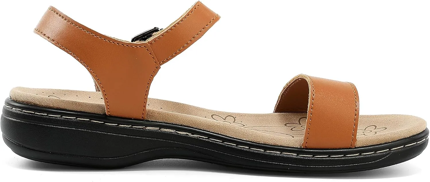 Women's Classic Flat Sandals Leather Open Toes Memory Foam One Band Ankle Strap Adjustable Slip On Shoes