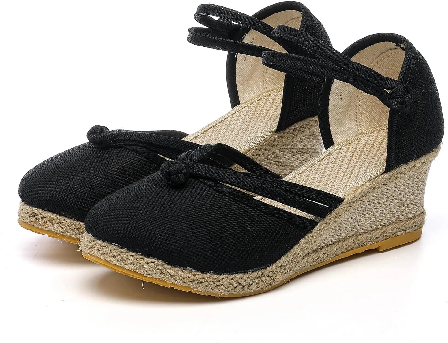 Womens Closed Toe Sandals Women's Linen Sandals Closed Toe Espadrilles Wedge Sandals with Knots Ethnic Style Dressy Sandals