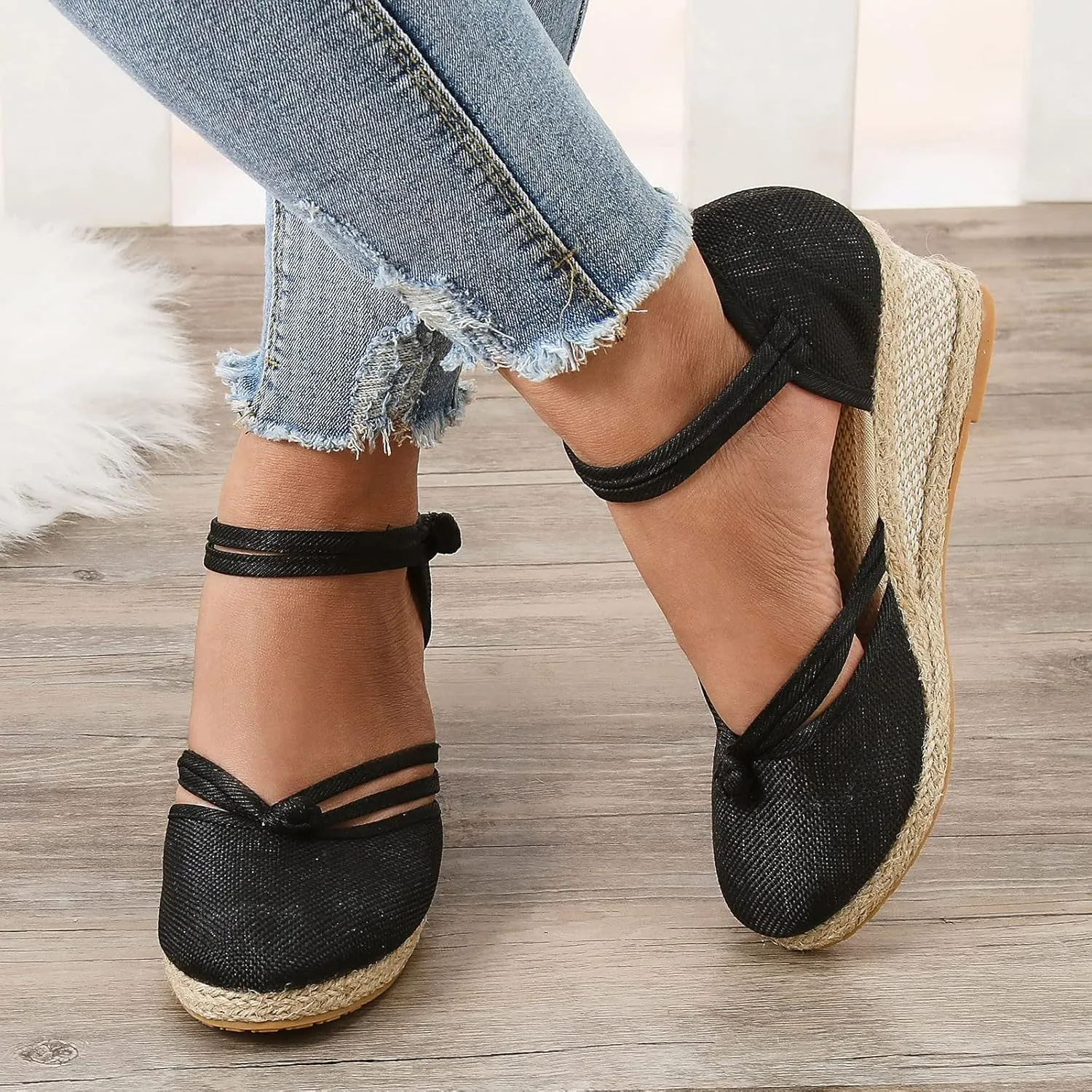 Womens Closed Toe Sandals Women's Linen Sandals Closed Toe Espadrilles Wedge Sandals with Knots Ethnic Style Dressy Sandals