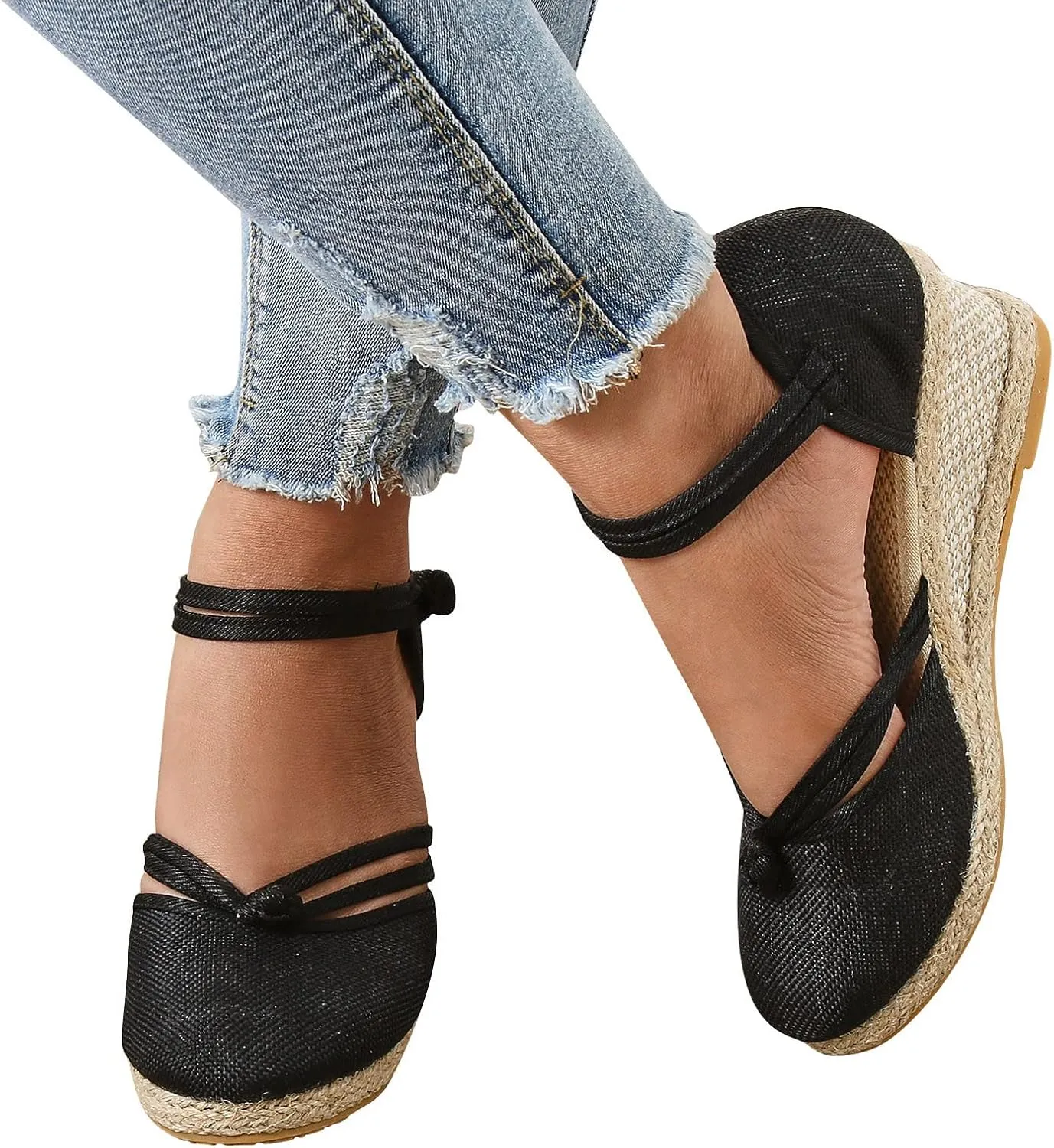 Womens Closed Toe Sandals Women's Linen Sandals Closed Toe Espadrilles Wedge Sandals with Knots Ethnic Style Dressy Sandals