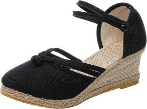Womens Closed Toe Sandals Women's Linen Sandals Closed Toe Espadrilles Wedge Sandals with Knots Ethnic Style Dressy Sandals