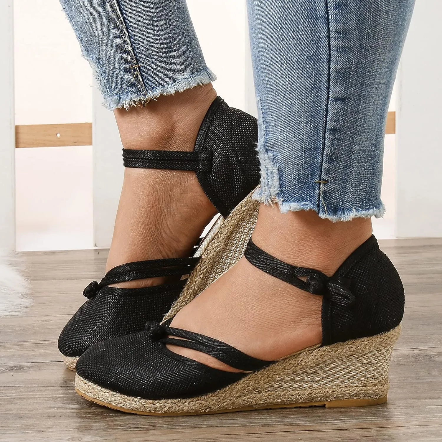 Womens Closed Toe Sandals Women's Linen Sandals Closed Toe Espadrilles Wedge Sandals with Knots Ethnic Style Dressy Sandals