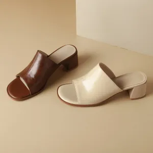 Women's Cowhide Chunky Heel Open Toe Heels Sandals Slippers