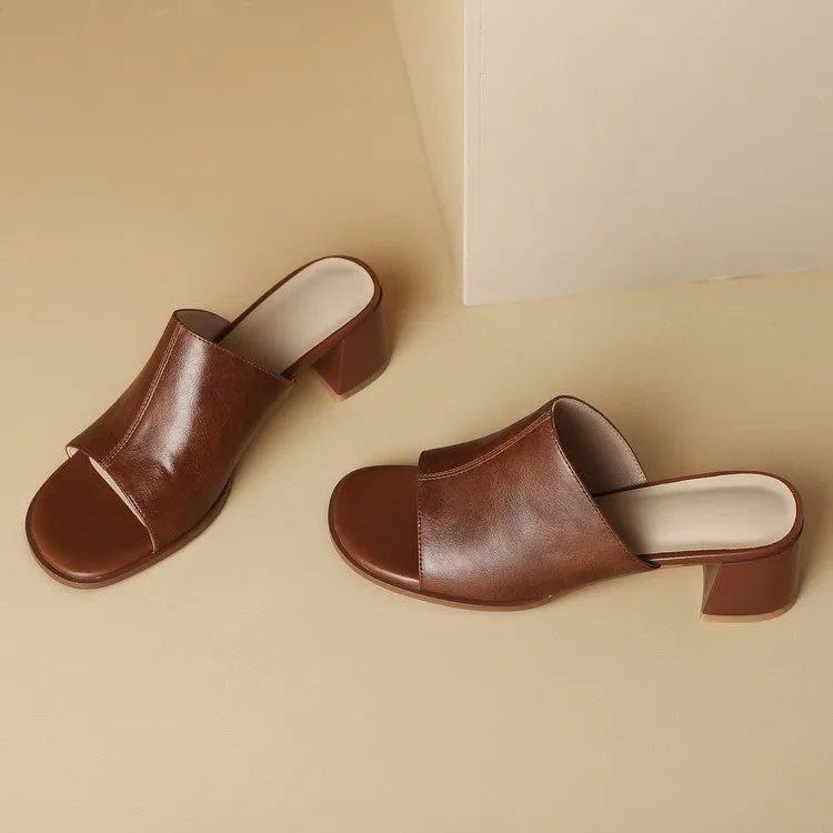 Women's Cowhide Chunky Heel Open Toe Heels Sandals Slippers
