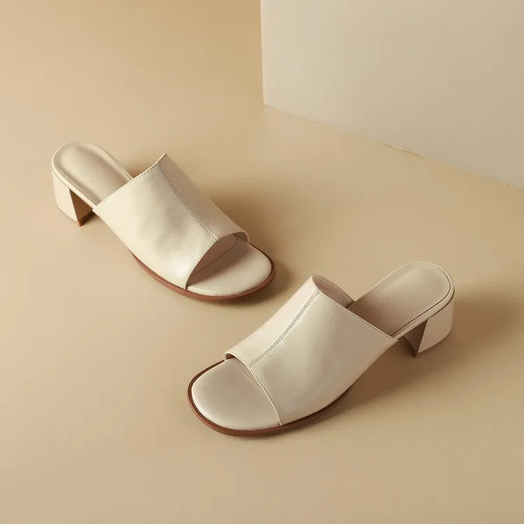 Women's Cowhide Chunky Heel Open Toe Heels Sandals Slippers