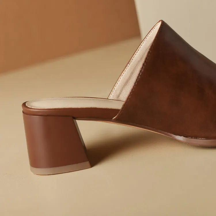 Women's Cowhide Chunky Heel Open Toe Heels Sandals Slippers