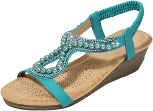 Womens Elastic Band Front Rear Strap Wedge Heel Open Side Vamp Gladiator Sandals PU Upper Diamond Beads