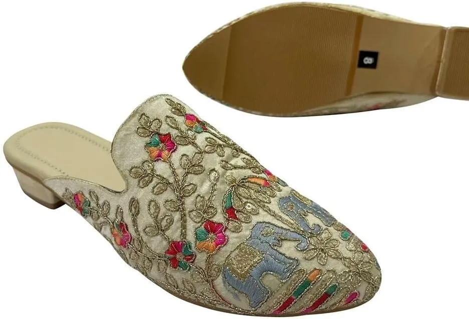 Women's Ethnic Back Open Mules – Handmade Indian Slip-On Juttis | Embroidered Boho Flats | Comfortable Backless Traditional Shoes for Wedding, Office & Everyday Wear