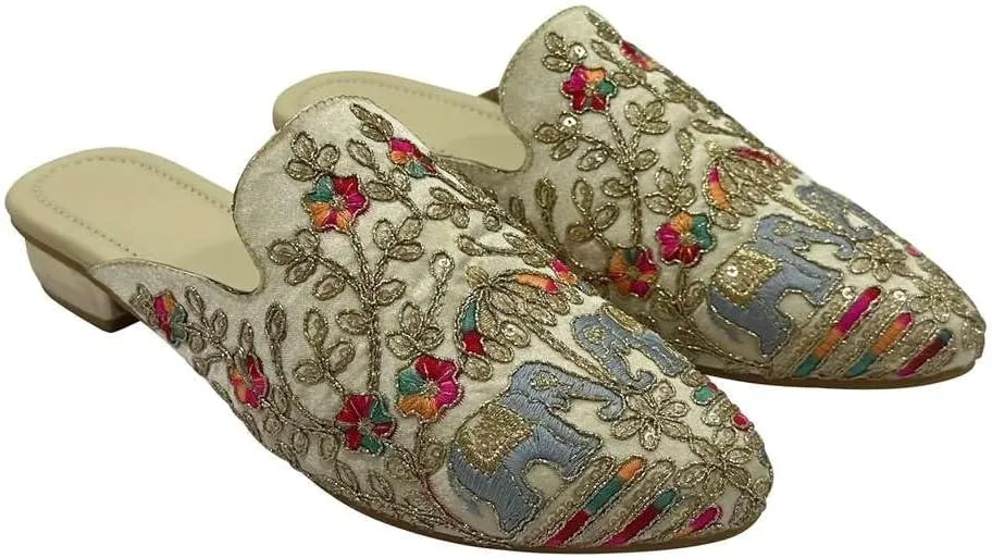 Women's Ethnic Back Open Mules – Handmade Indian Slip-On Juttis | Embroidered Boho Flats | Comfortable Backless Traditional Shoes for Wedding, Office & Everyday Wear