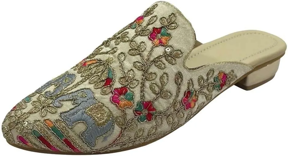 Women's Ethnic Back Open Mules – Handmade Indian Slip-On Juttis | Embroidered Boho Flats | Comfortable Backless Traditional Shoes for Wedding, Office & Everyday Wear