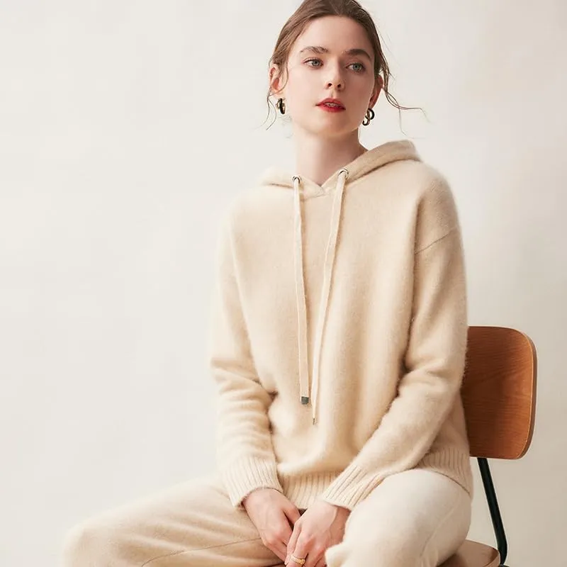 Women's Fall and Winter 100% Cashmere 7 Stiches Thickening Long Sleeve Hoodie