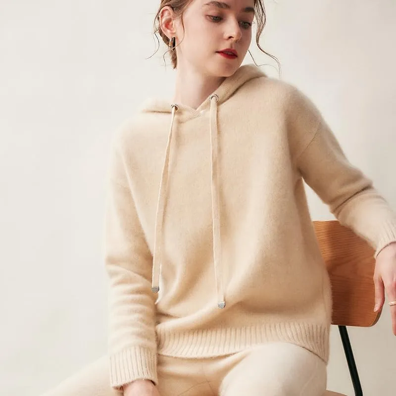 Women's Fall and Winter 100% Cashmere 7 Stiches Thickening Long Sleeve Hoodie