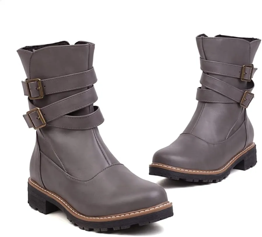 Women's Fashion Buckle Strappy Combat Ankle Boots Round Toe Zipper Flat Western Riding Short Booties