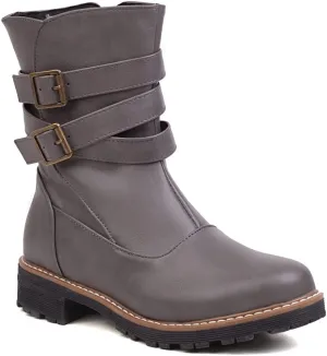 Women's Fashion Buckle Strappy Combat Ankle Boots Round Toe Zipper Flat Western Riding Short Booties