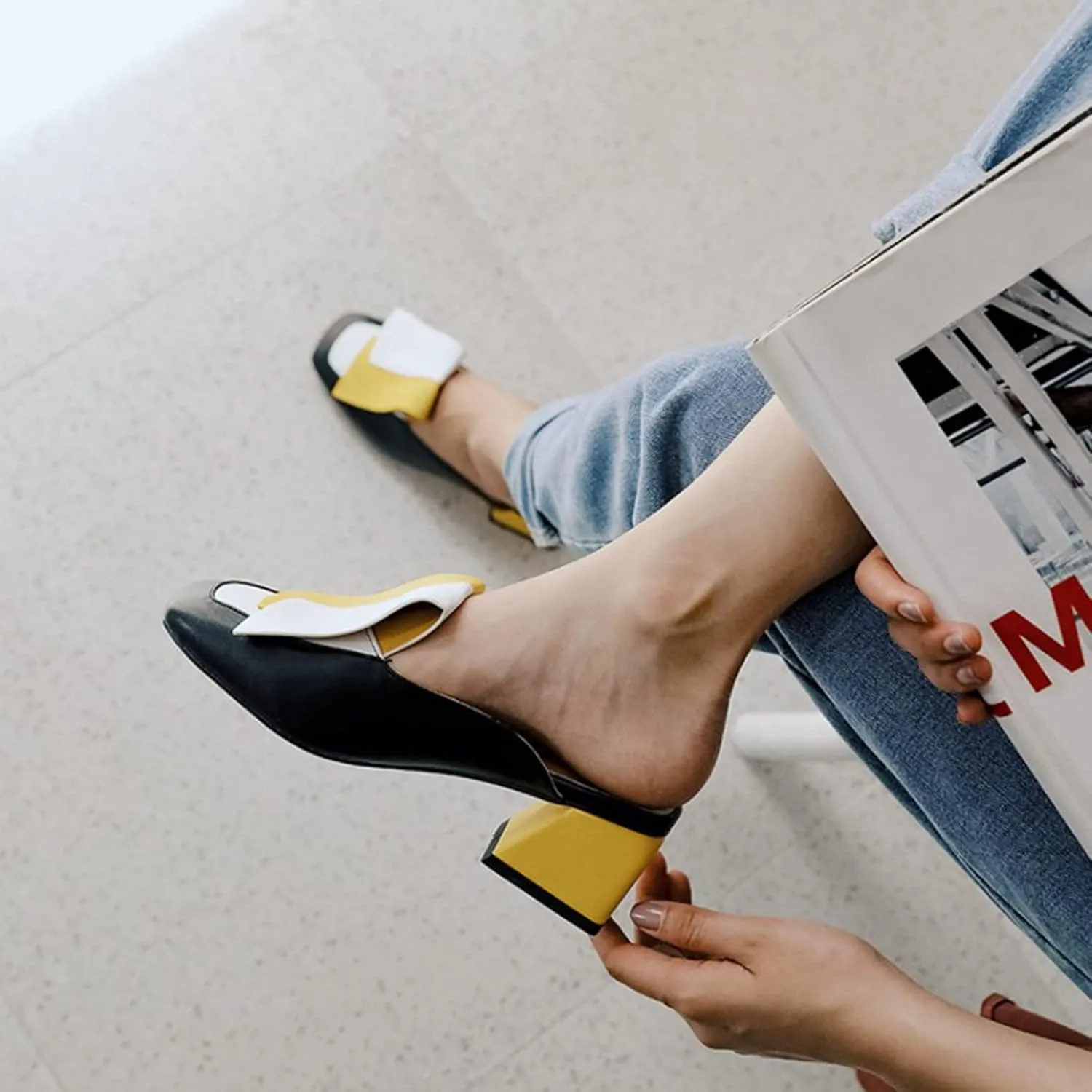 Women's Flat Mary Jane Mules Patent PU Leather Closed Square Toe Backless Slip on Slides Loafer Shoes