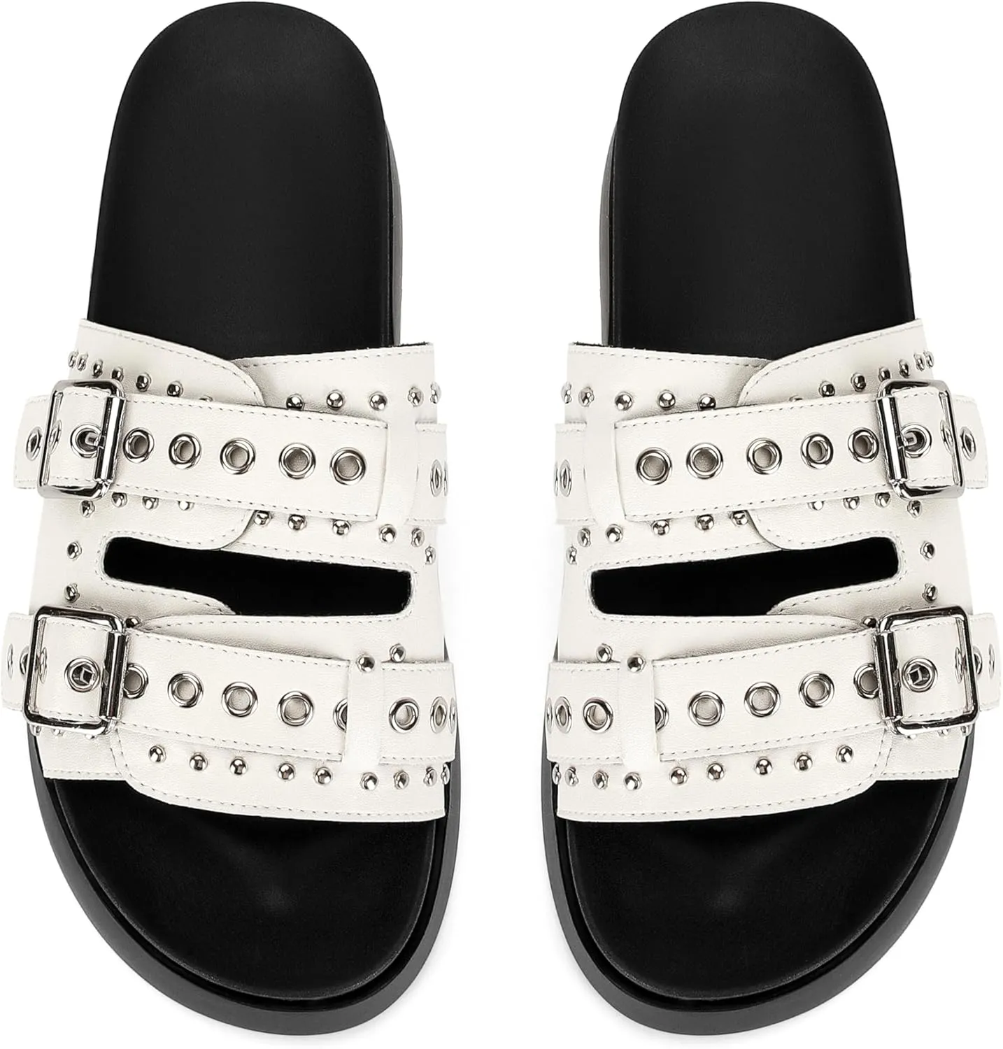 Womens Flat Slide Sandals Double Strap Adjustable Buckle Slip on Slides Shoes Stud Flatform Sandals