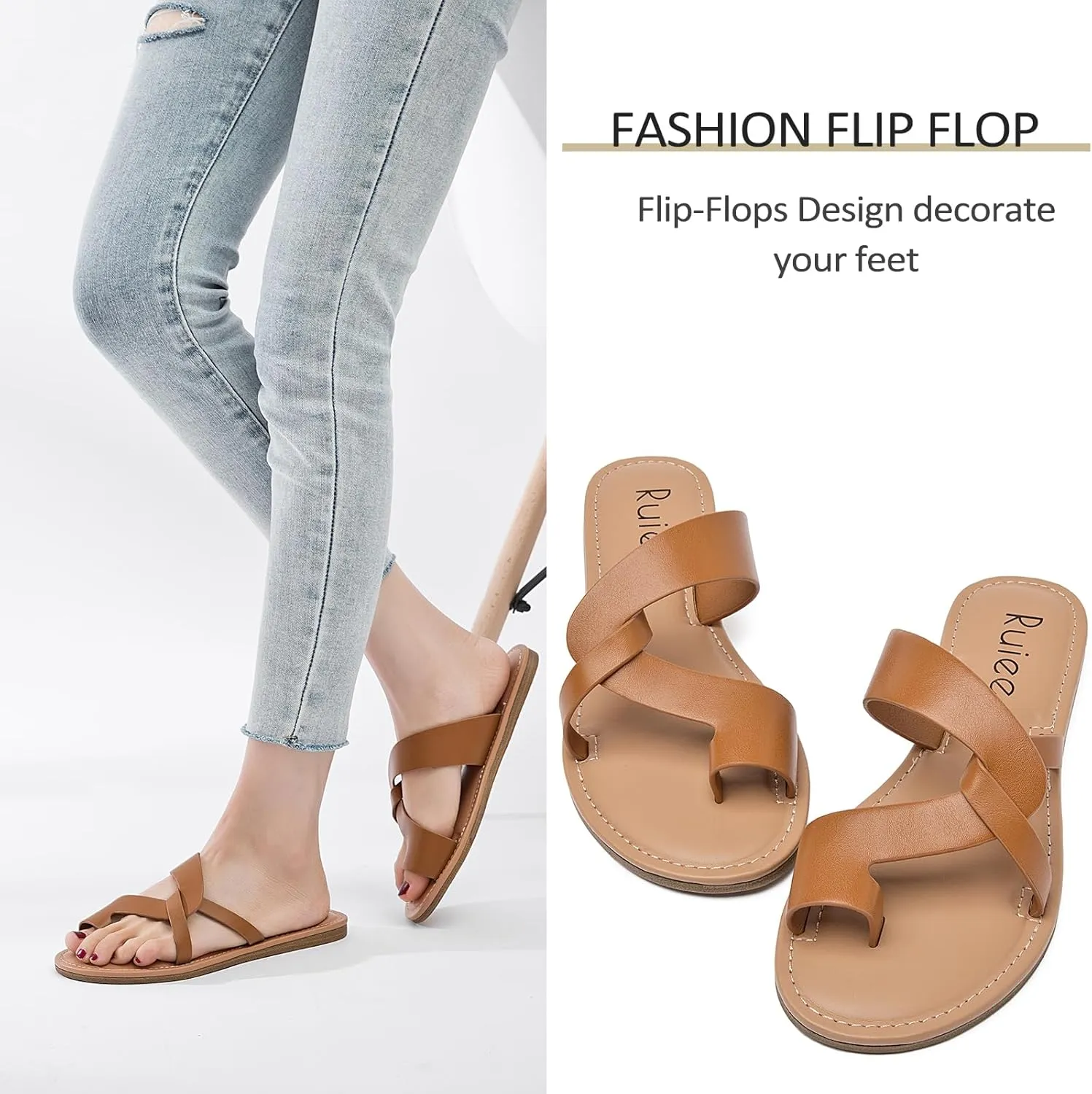 Women's Flat Slides Sandals, Summer Flip Flops Comfort Round Open Toe Slip On Strap Thong Beach Shoes for Women.