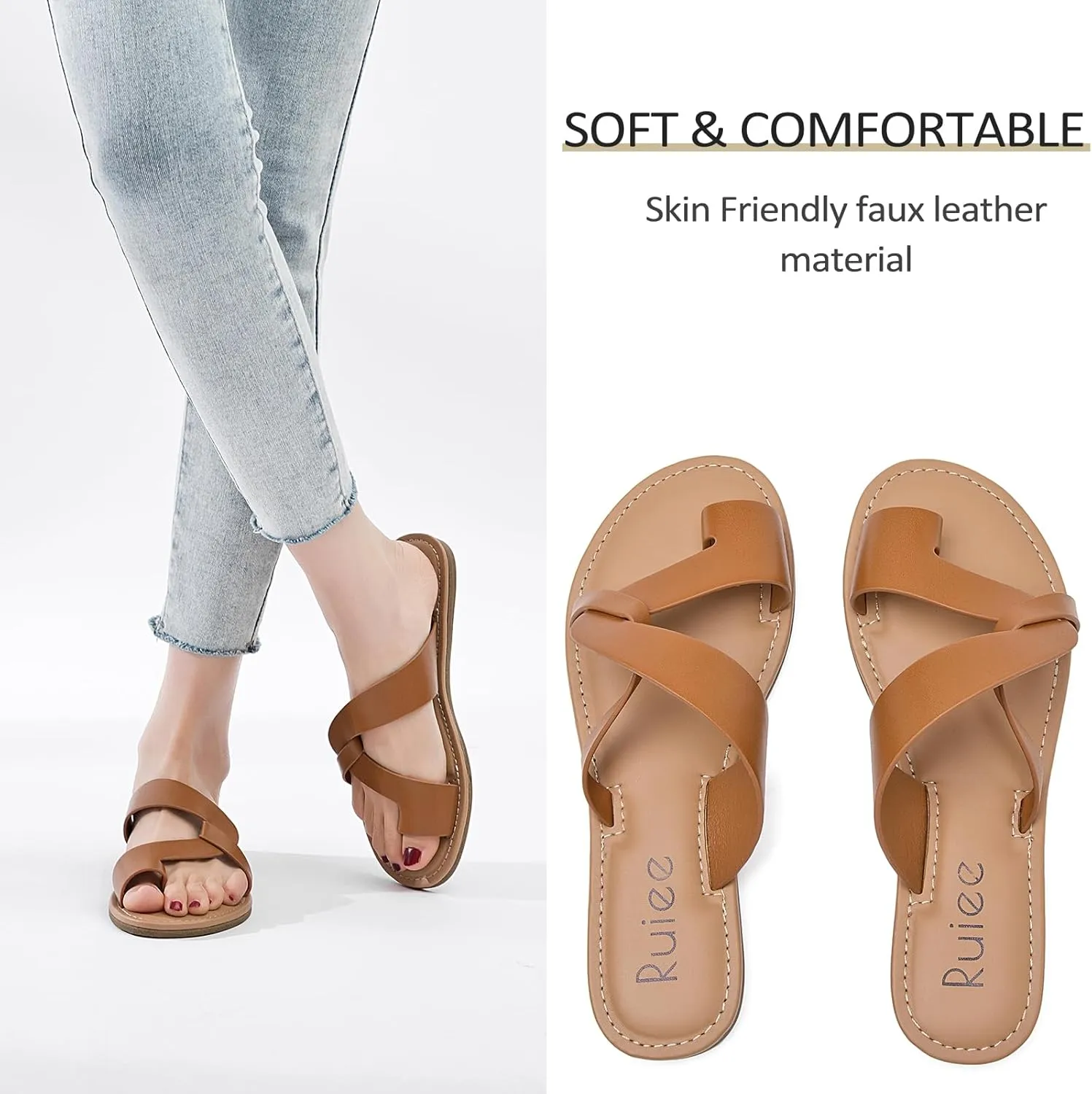Women's Flat Slides Sandals, Summer Flip Flops Comfort Round Open Toe Slip On Strap Thong Beach Shoes for Women.