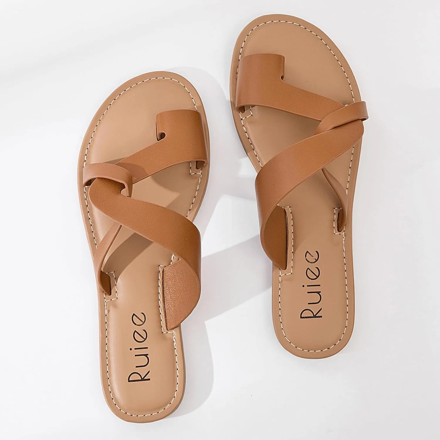 Women's Flat Slides Sandals, Summer Flip Flops Comfort Round Open Toe Slip On Strap Thong Beach Shoes for Women.