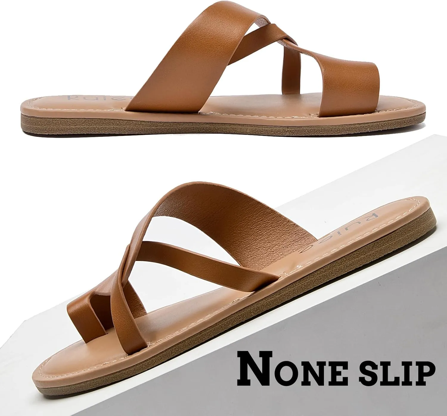 Women's Flat Slides Sandals, Summer Flip Flops Comfort Round Open Toe Slip On Strap Thong Beach Shoes for Women.