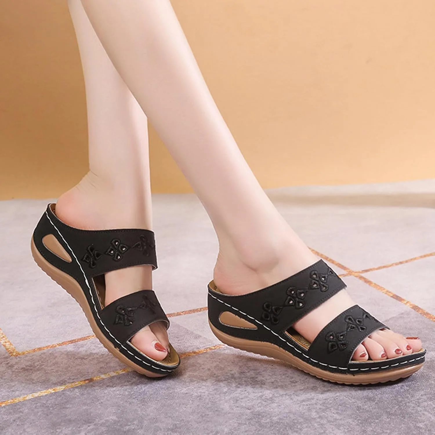 Women's Hollow Out Wedge Slippers Arch Support Anti-Slip Elegant Sandals Casual Orthopedic Summer Slide