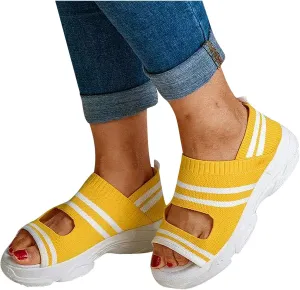 Women's Knit Wedge Sandals Summer Peep Toe Slip on Mesh Fish Mouth Sandals Ankle Elastic Strap Platform Sandal Shoes