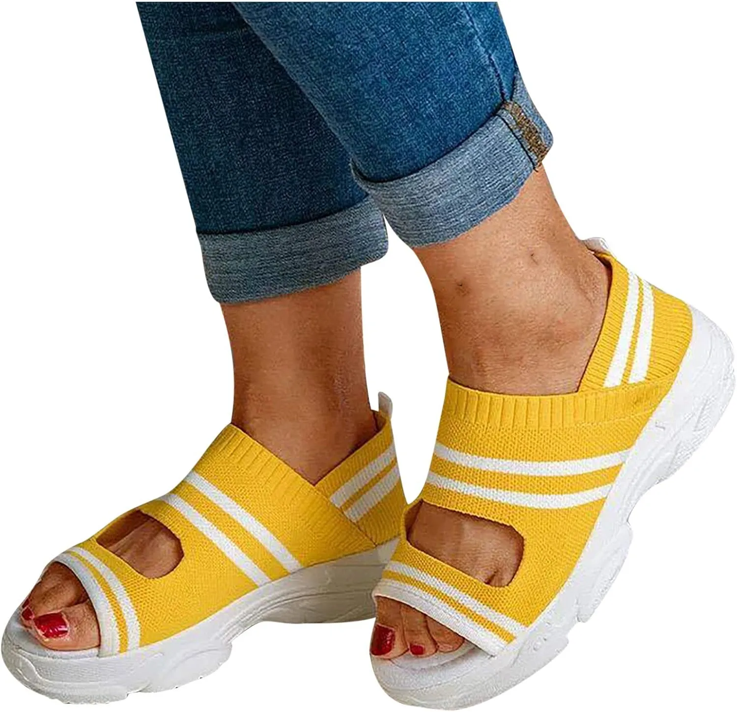Women's Knit Wedge Sandals Summer Peep Toe Slip on Mesh Fish Mouth Sandals Ankle Elastic Strap Platform Sandal Shoes