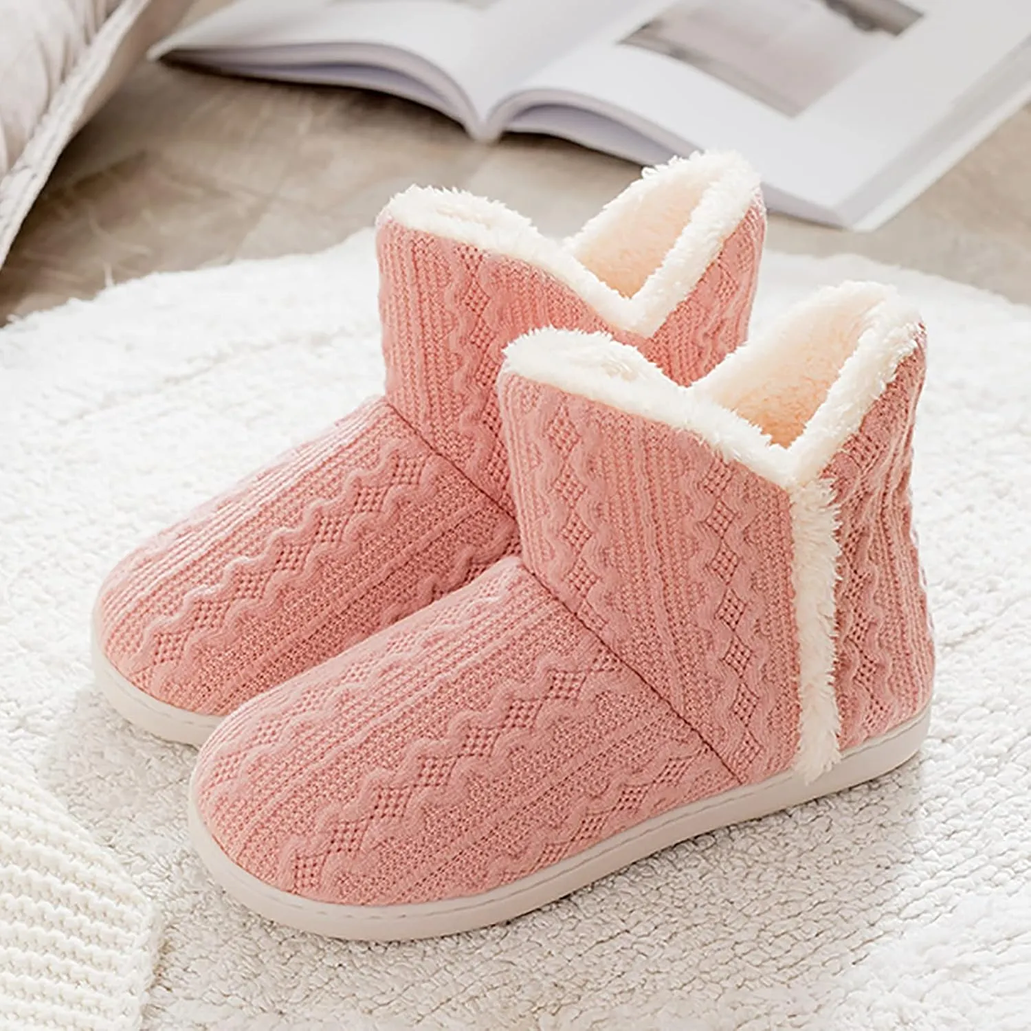 Women's Men's Warm Winter Bootie Slipper Plush Furry Cozy Lined House Shoes Knit Memory Foam Slippers Indoor Outdoor Anti-Skid Rubber Sole