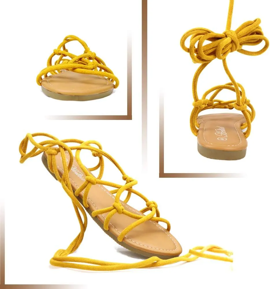 Women's Open Toe Lace Up Gladiator Flat Sandals，Slip on Roman Sandals