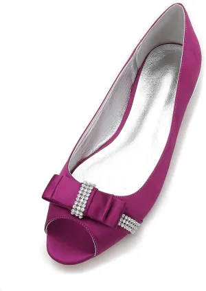 Women's Peep Toe Satin Wedding Flats for Bride Comfortable Bow Rhinestones Bridal Shoes Formal Slip on Flats Ballet Flats