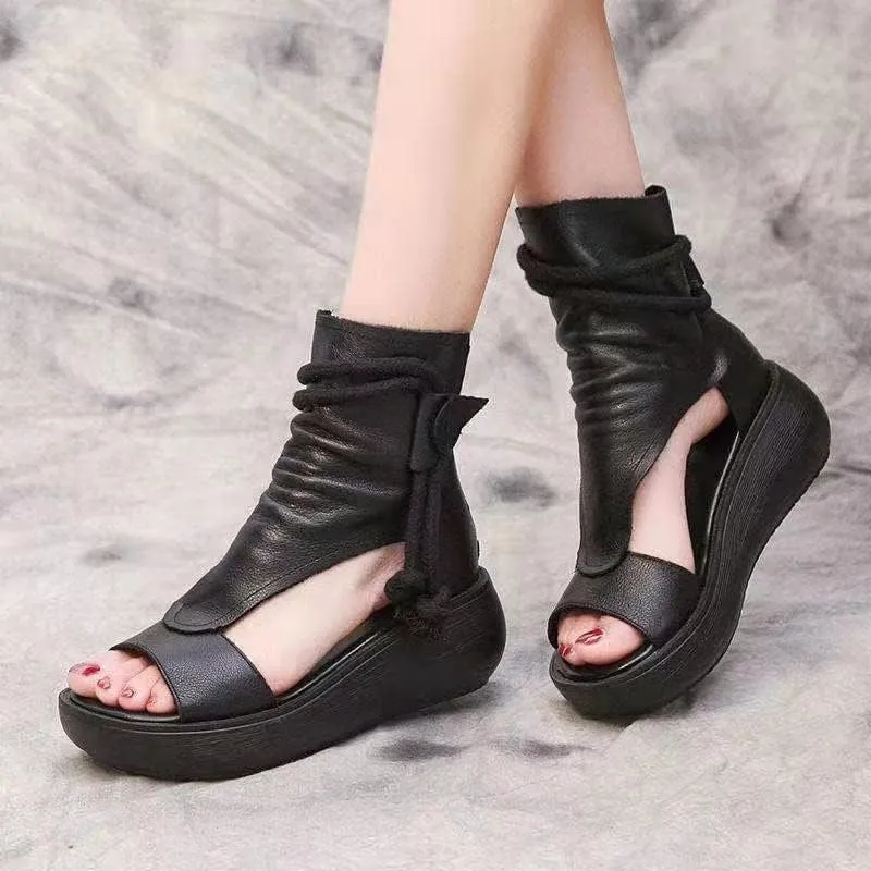 Women's Platform Outdoor Sandal Boots Wedge Bottom Fashion High Top Sandals Open Toe Boot Sandals for Women (Black,10)